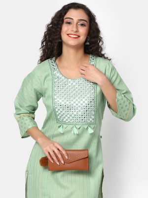 V-MART Women Embroidered A-line Kurta(Green)