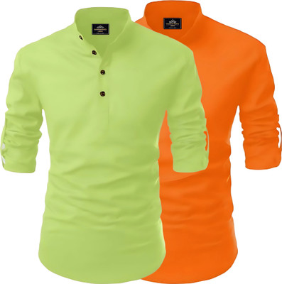 Fashion Marts Men Solid Straight Kurta(Light Green, Orange)
