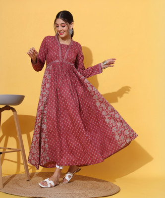 VBUYZ Women Floral Print Anarkali Kurta(Pink)