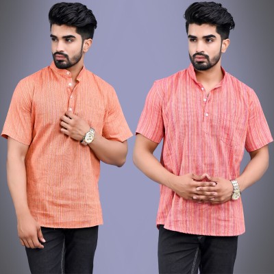 QuaClo Men Striped Straight Kurta(Orange, Pink)