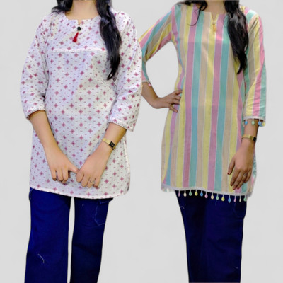 ATCreation Women Printed Straight Kurta(White, Multicolor)