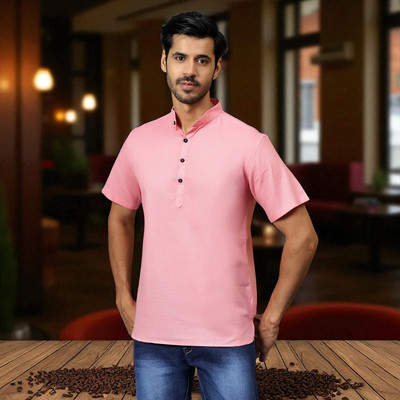 FireFish Men Solid A-line Kurta(Pink)