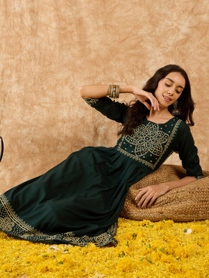 Indo Era Women Embroidered A-line Kurta(Green)