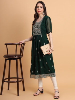 vairagee Women Embroidered Flared Kurta(Dark Green, Pink)