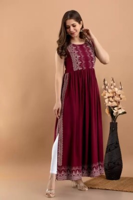 Jollity Women Self Design Flared Kurta(Maroon)