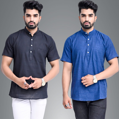 QuaClo Men Solid Straight Kurta(Black, Dark Blue)