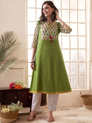 ANOUK Women Printed A-line Kurta(Green)