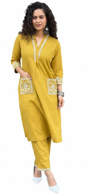 trendpe Women Solid, Embroidered Straight Kurta(Yellow)