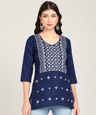 TOP N THREAD Women Chikan Embroidery, Embroidered, Self Design A-line Kurta(Dark Blue)
