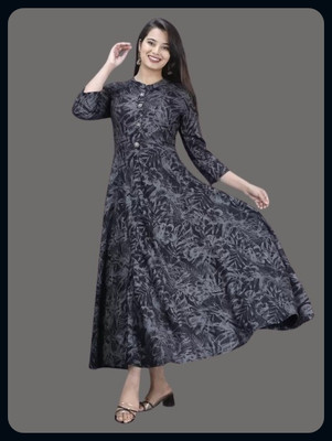 The Anvitextile Women Printed Anarkali Kurta(Black, Grey)