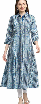 SRI Women Printed A-line Kurta(Blue, White)
