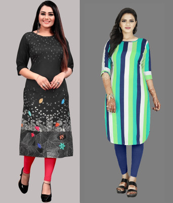 tanvi creation Women Printed Straight Kurta(Grey, Multicolor)