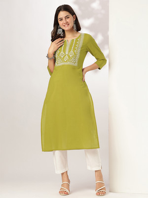 Janasya Women Embroidered Straight Kurta(Green)