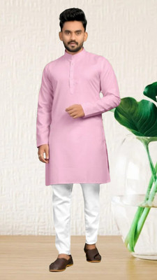 M Biswas Men Solid A-line Kurta(Pink)