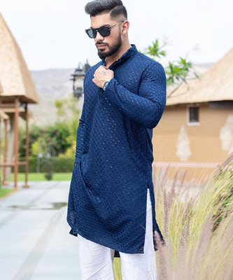 Lazzly Men Embroidered Straight Kurta(Blue)