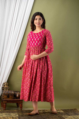 S N S FAISHON Women Floral Print Flared Kurta(Pink)