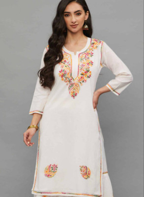 Afia Lucknowi Chikankari Women Embroidered A-line Kurta(White)
