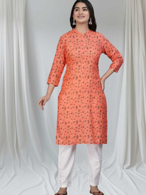 Lihimisu Women Floral Print Straight Kurta(Orange)