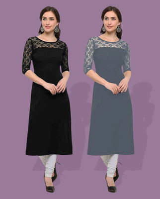 maaheshvi Women Self Design Straight Kurta(Black)