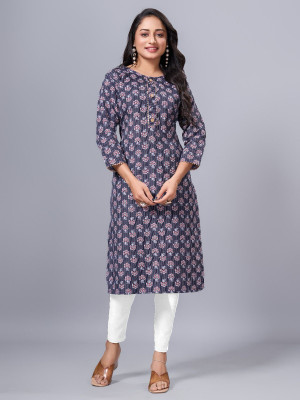 SimpliEthnics Women Printed Straight Kurta(Dark Blue, Pink)