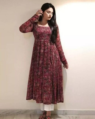 QUICK FEB Women Printed Anarkali Kurta(Maroon)