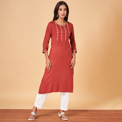 YU by Pantaloons Women Embroidered Straight Kurta(Orange, White)