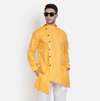 AEW DESIGNS Men Solid Trail Cut Kurta(Yellow)