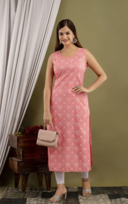S K KANANI Women Printed Straight Kurta(Pink, White)