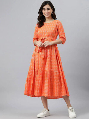 deepcreek Women Printed Flared Kurta(Orange)