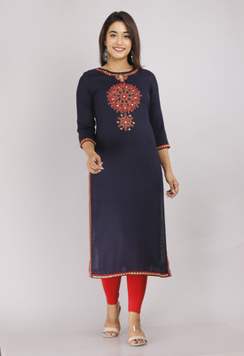 STYLE ANGEL Women Embroidered Straight Kurta(Dark Blue)