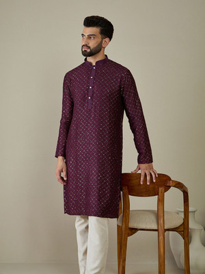 ANOUK Men Floral Print Straight Kurta(Maroon)