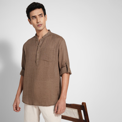 Indus Route by Pantaloons Men Printed Straight Kurta(Brown)