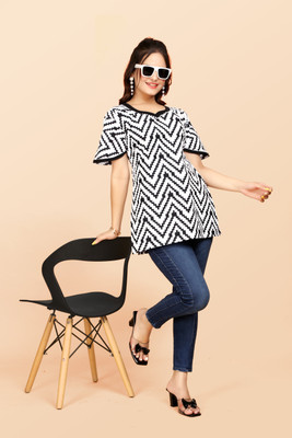 ATHARVFASHION Women Printed A-line Kurta(Black, White)