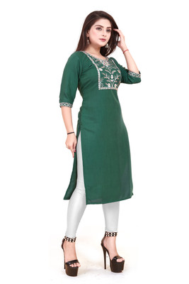 WOMENSILK Women Embellished, Embroidered A-line Kurta(Green)