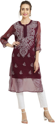 FAWOMENT Women Chikan Embroidery Straight Kurta(Maroon)