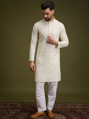 ANOUK Men Geometric Print Straight Kurta(White)