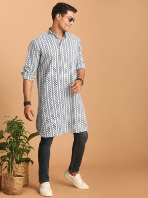 VASTRAMAY Men Printed, Striped Straight Kurta(White)