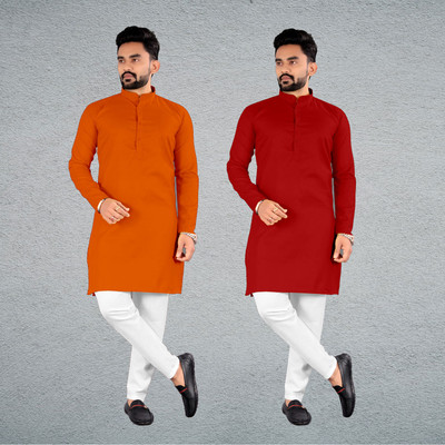 FRELURO Men Solid Straight Kurta(Orange, Maroon)