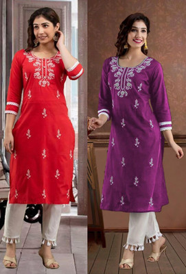 vikshi Women Embroidered Straight Kurta(Multicolor)