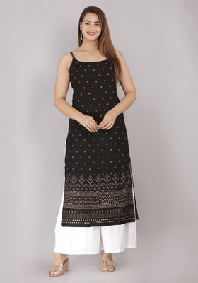HARSUKHI Women Floral Print Straight Kurta(Black)