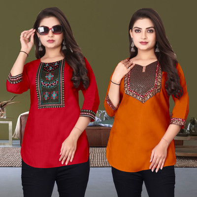 FSR Women Embroidered Straight Kurta(Orange, Red)