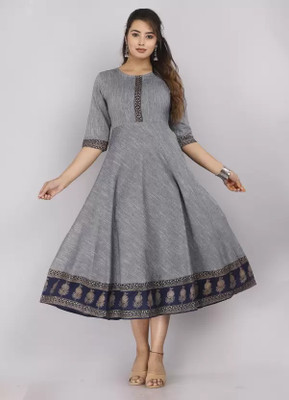 ap2kurti Women Printed Anarkali Kurta(Grey)