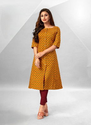 ABHI FAB Women Printed Straight Kurta(Yellow)