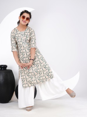 DMP FASHION Girls Floral Print Straight Kurta(Green)