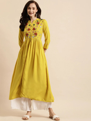 all about you Women Embroidered Anarkali Kurta(Yellow)