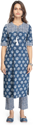 Zlaata Women Floral Print Straight Kurta(Blue)
