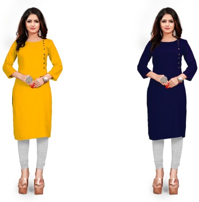 Fabthreads Women Solid Straight Kurta(Blue, Yellow)