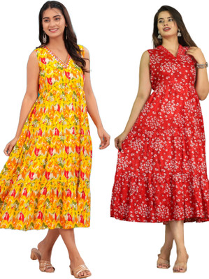 RD Fab Women Embroidered, Floral Print Anarkali Kurta(Yellow, Red)