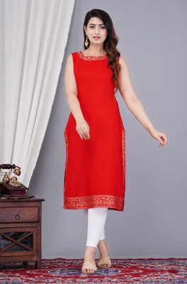 Brijam Women Printed Straight Kurta(Red)