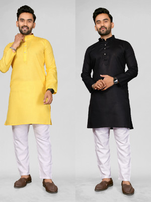 ANAND Men Solid, Self Design A-line Kurta(Yellow, Black)